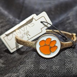 Clemson Paw Enamel Logo Hinge Bangle Bracelet in Worn Gold.